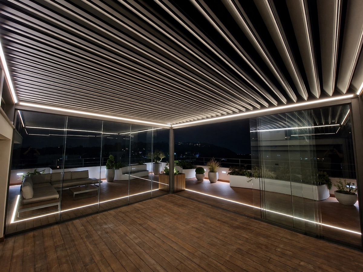 Pergola bioclimatica BioKlim con vetrate scorrevoli VEPA